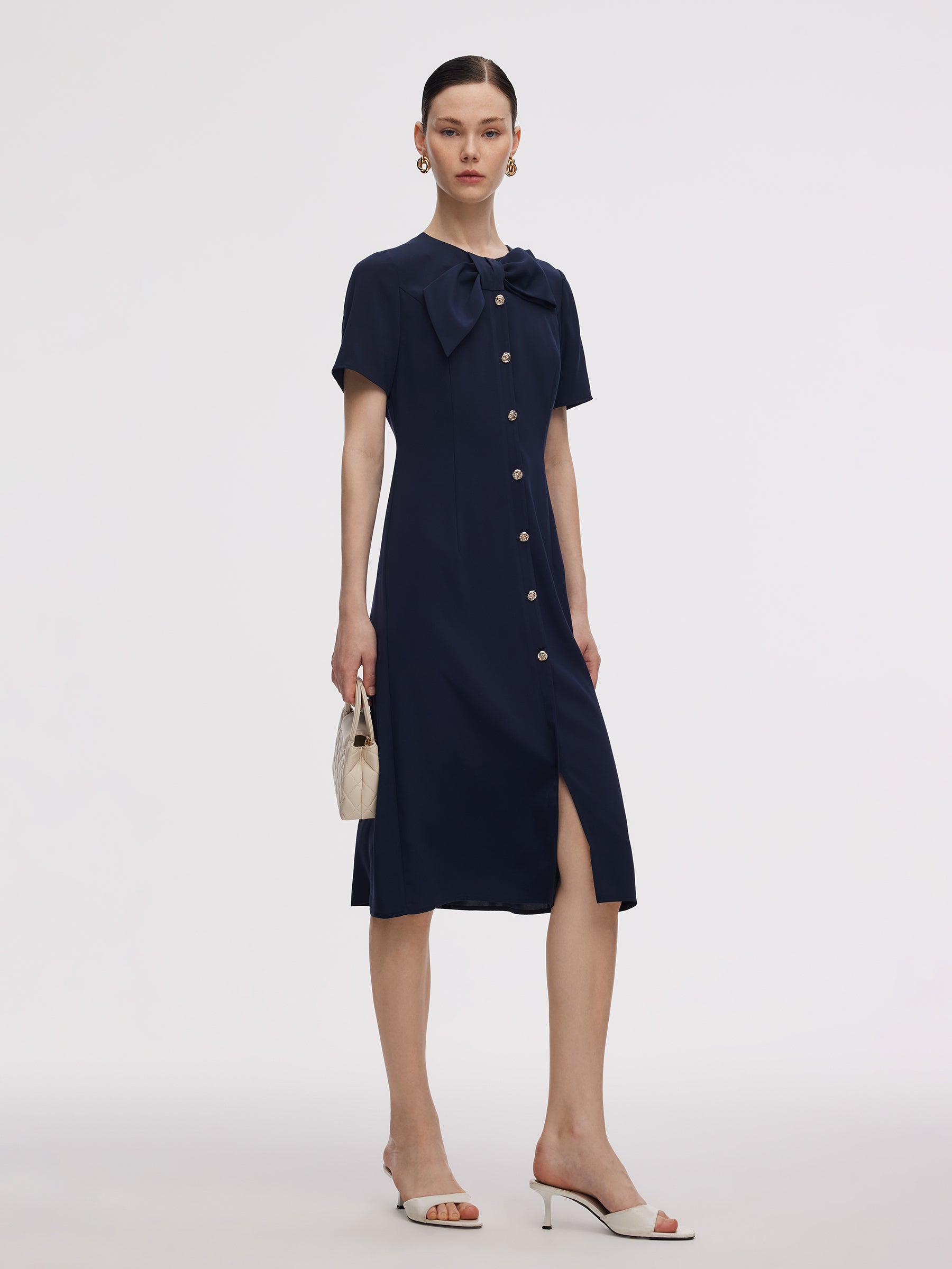 Triacetate Bowknot Women Gathered Waist Midi Dress GOELIA