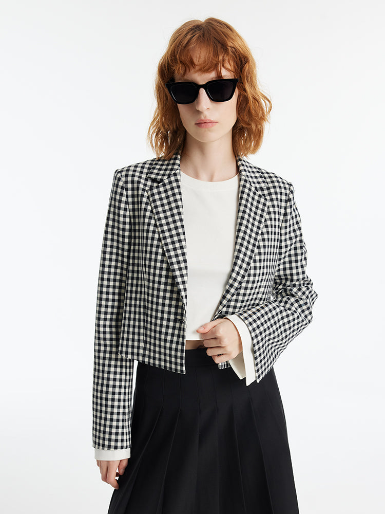 Black And White Check Women Crop Blazer GOELIA