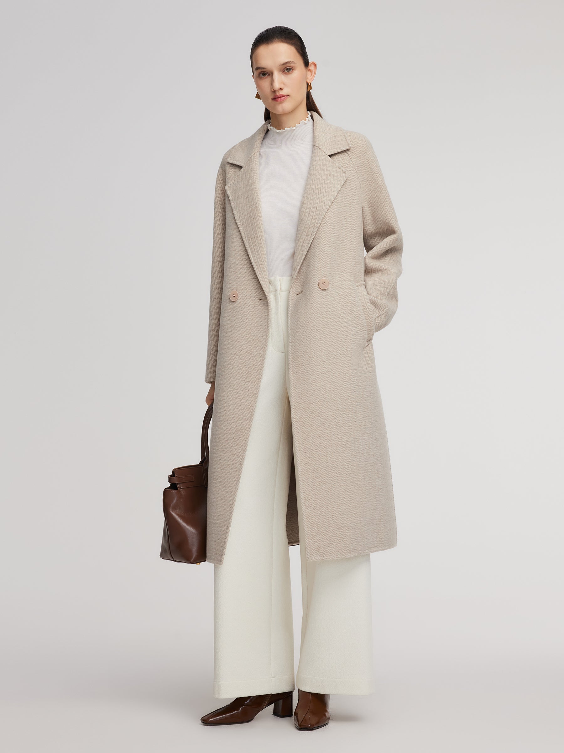 [Preview] Cashmere Wool Blend Herringbone Women Overcoat GOELIA