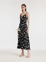 19 Momme Mulberry Silk Iris Printed Women Maxi Spaghetti Strap Dress With Scrunchie GOELIA