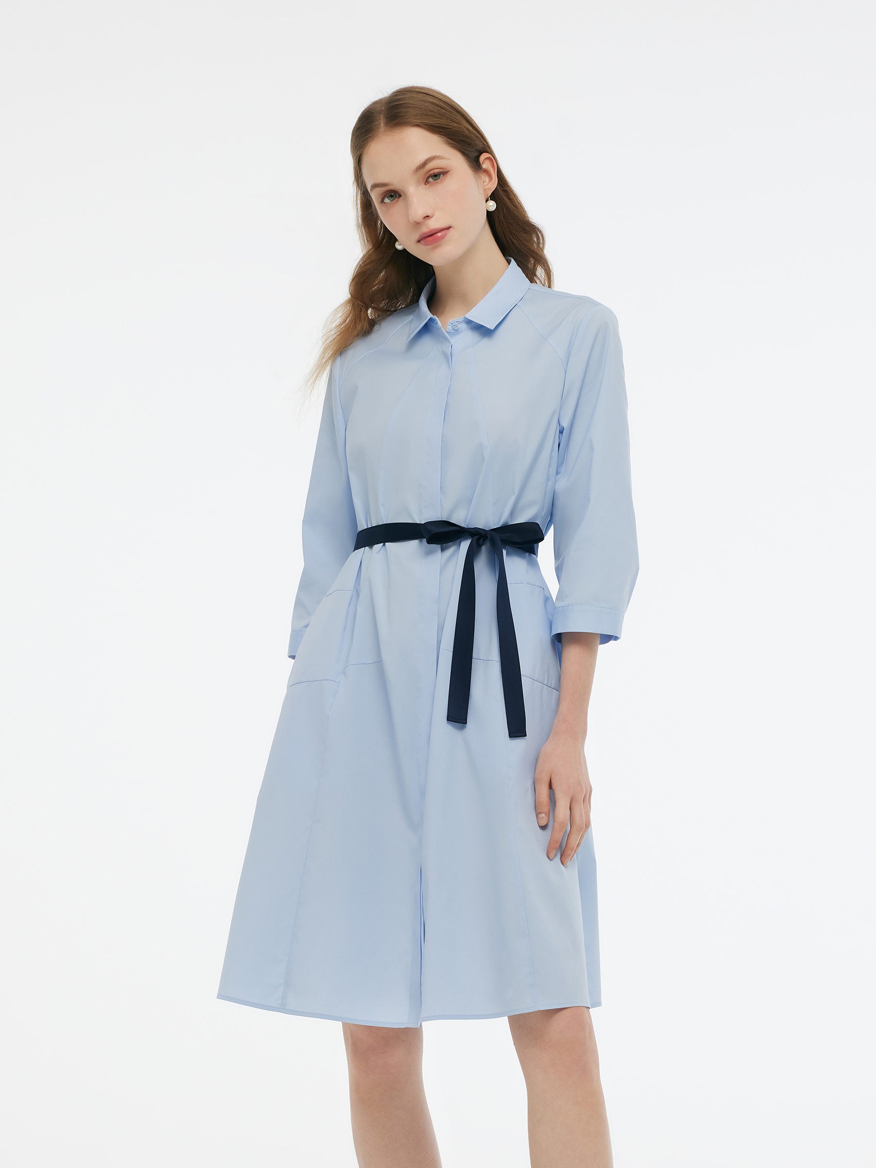 A-Line Button Up Women 3/4 Sleeve Shirt Midi Dress With Ribbon GOELIA