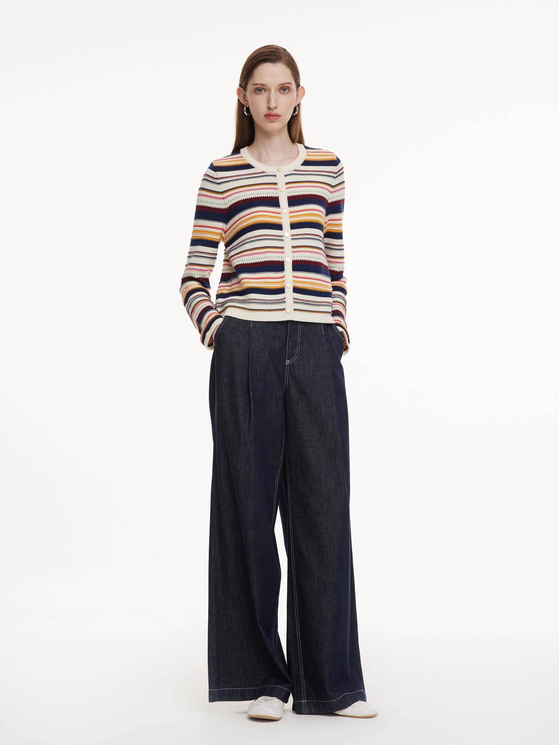 100% Cotton Multicolored Stripe Women Cardigan GOELIA