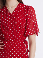 10 Momme Mulberry Silk Polka Dots Printed Wrapped Ruffle Women Midi Dress GOELIA