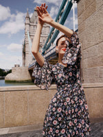 10MM Mulberry Silk Floral Print Women V-Neck Maxi Dress GOELIA