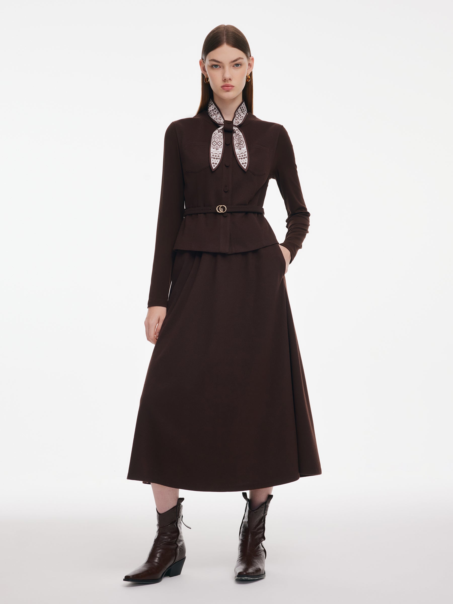 [Preview] Stretchy Vest And Dress Two-Piece Set With Silk & Belt GOELIA