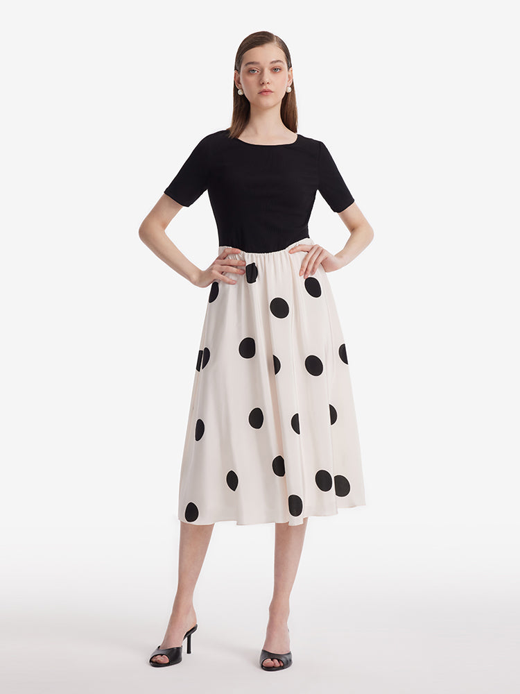 16 Momme Mulberry Silk Polka Dots Printed Patchwork Women Midi Dress With Scrunchie And 3D Rose Clip GOELIA
