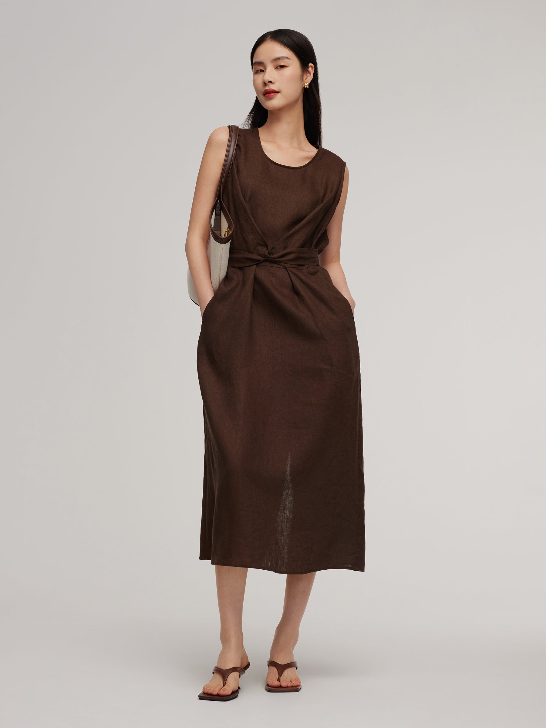 100% Linen Twist Front Women Sleeveless Maxi Dress GOELIA