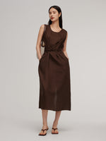 100% Linen Twist Front Women Sleeveless Maxi Dress GOELIA