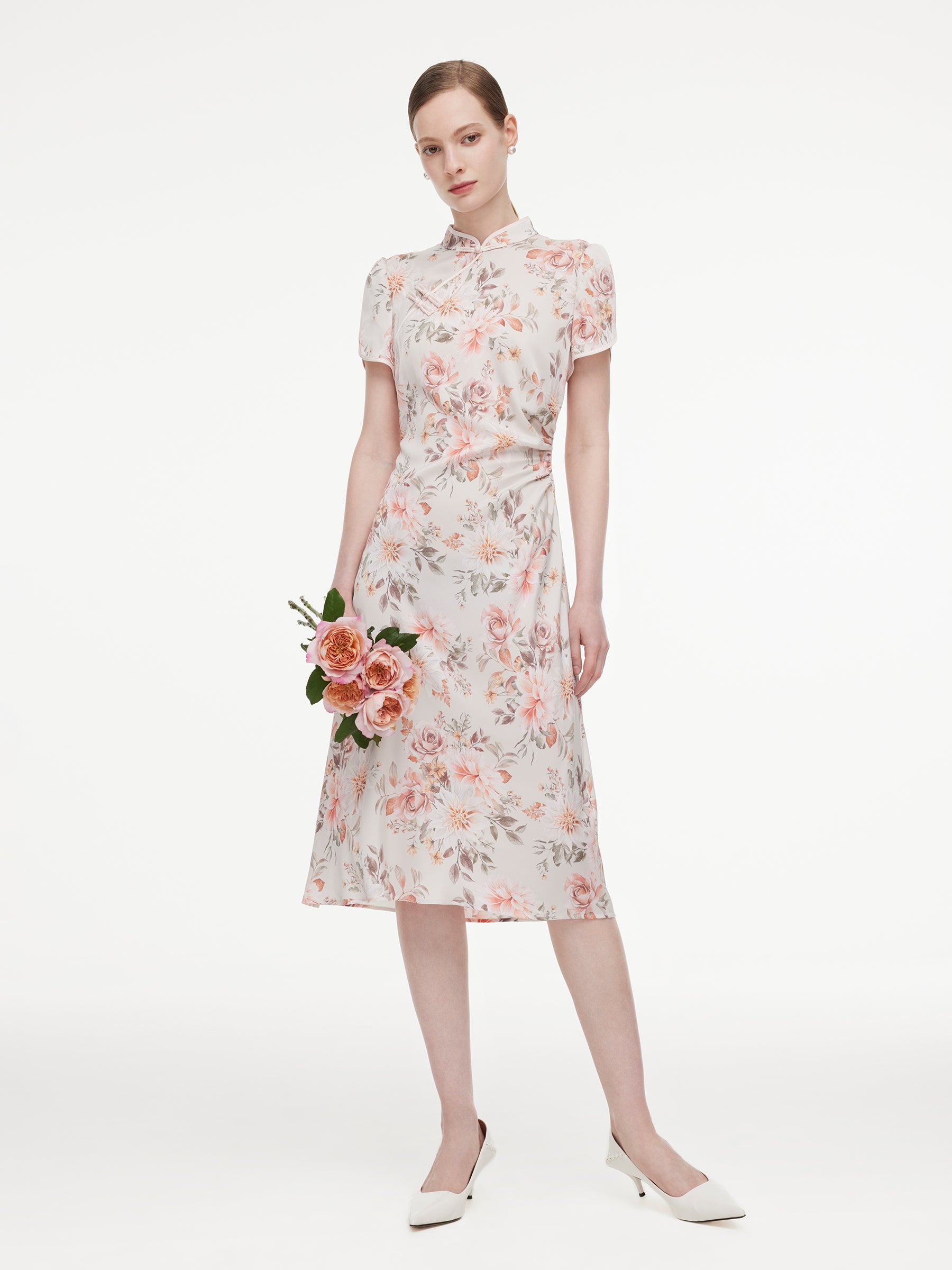 [Preview] 19MM Mulberry Silk Floral Print Women Qipao Midi Dress GOELIA