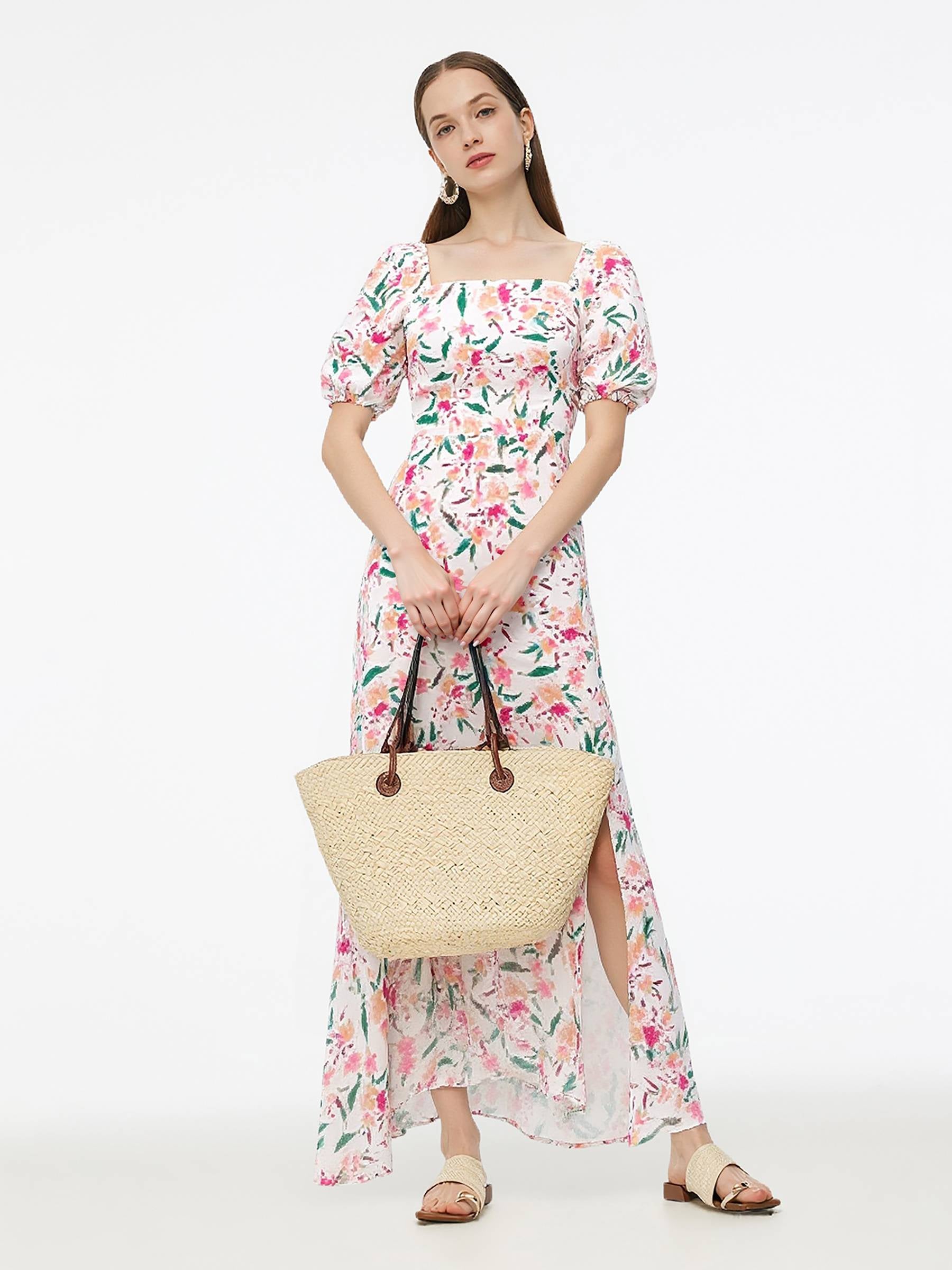 Silk Floral Print Women Midi Dress GOELIA