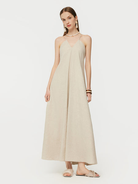 blue dress for baby girl 100% Linen Women Backless Strap Maxi Dress, Cream / M