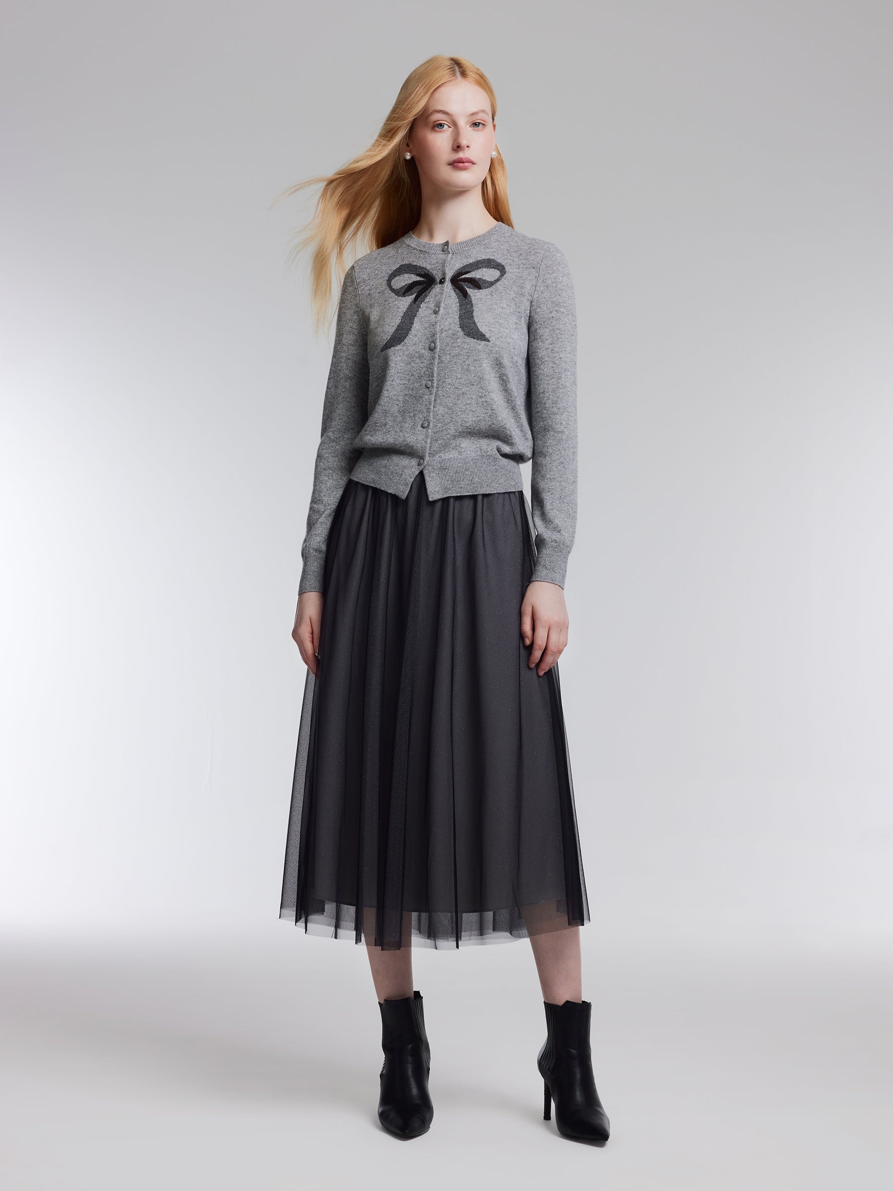 Wool Blend Bow Cardigan And Sequins Mesh Skirt Two-Piece Set GOELIA
