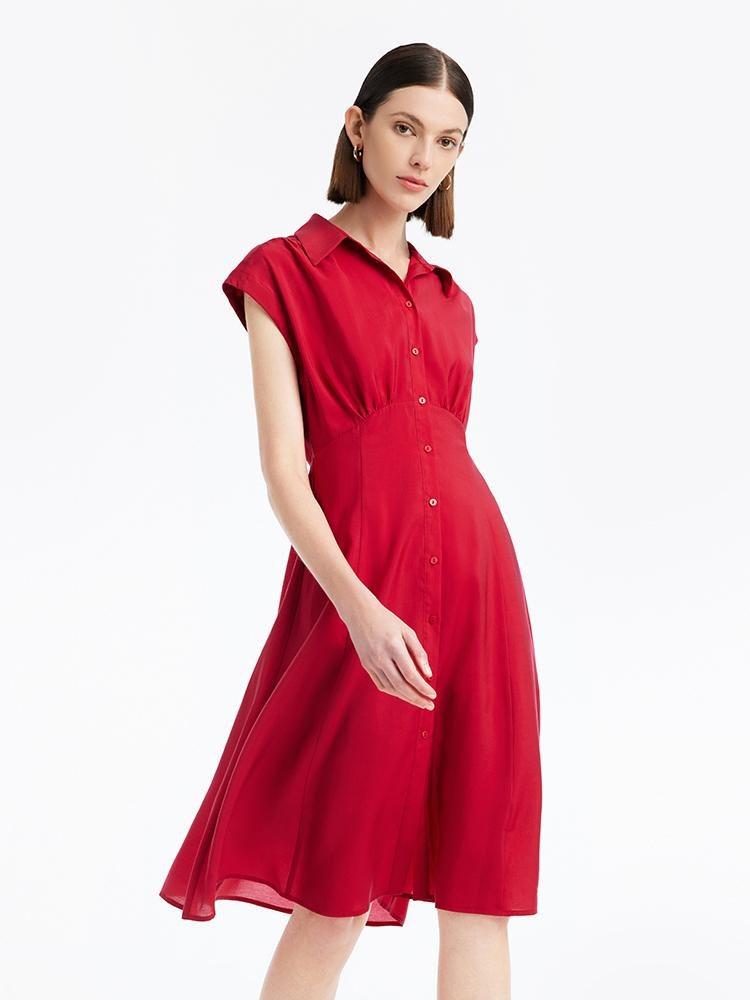 Red Tencel Shirt-style Midi Collared Dress GOELIA