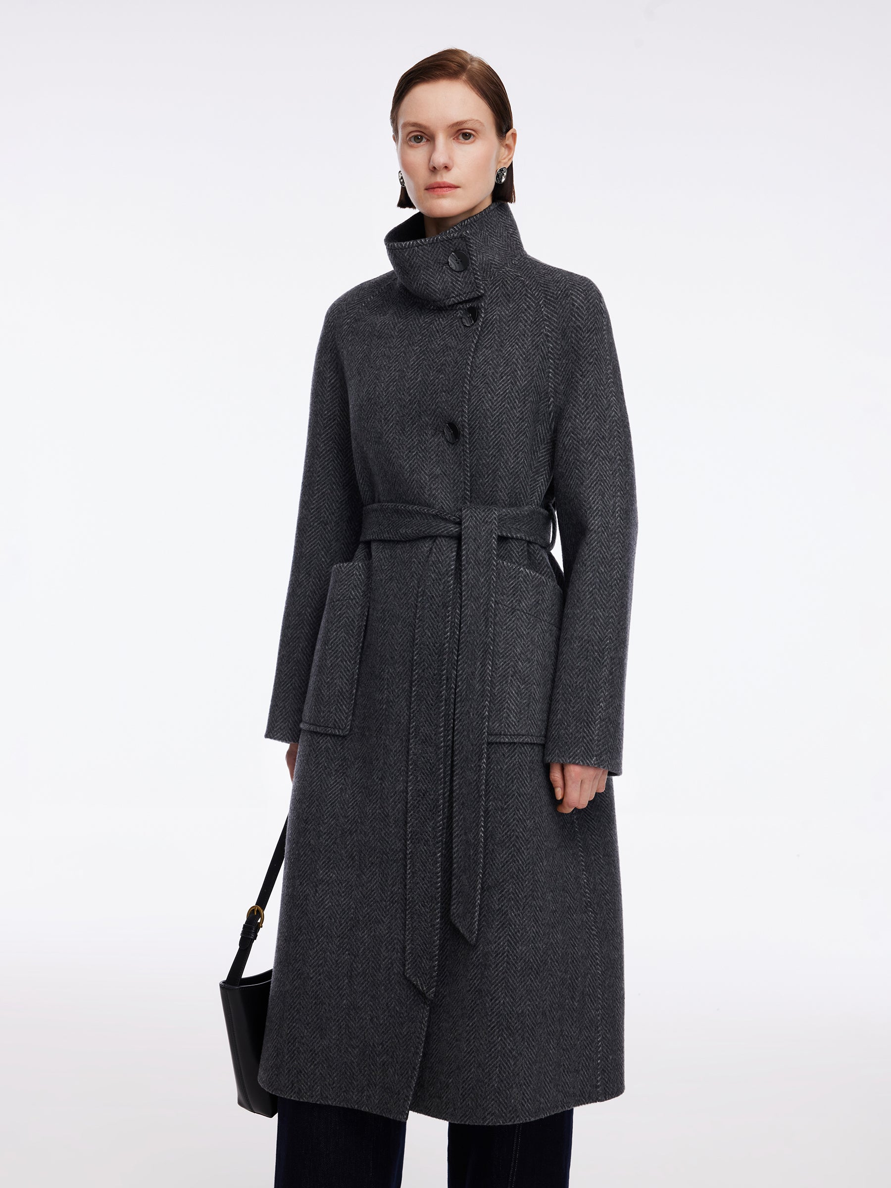 Cashmere Wool Blend Double-Faced Women Self-Tie Belt Overcoat GOELIA