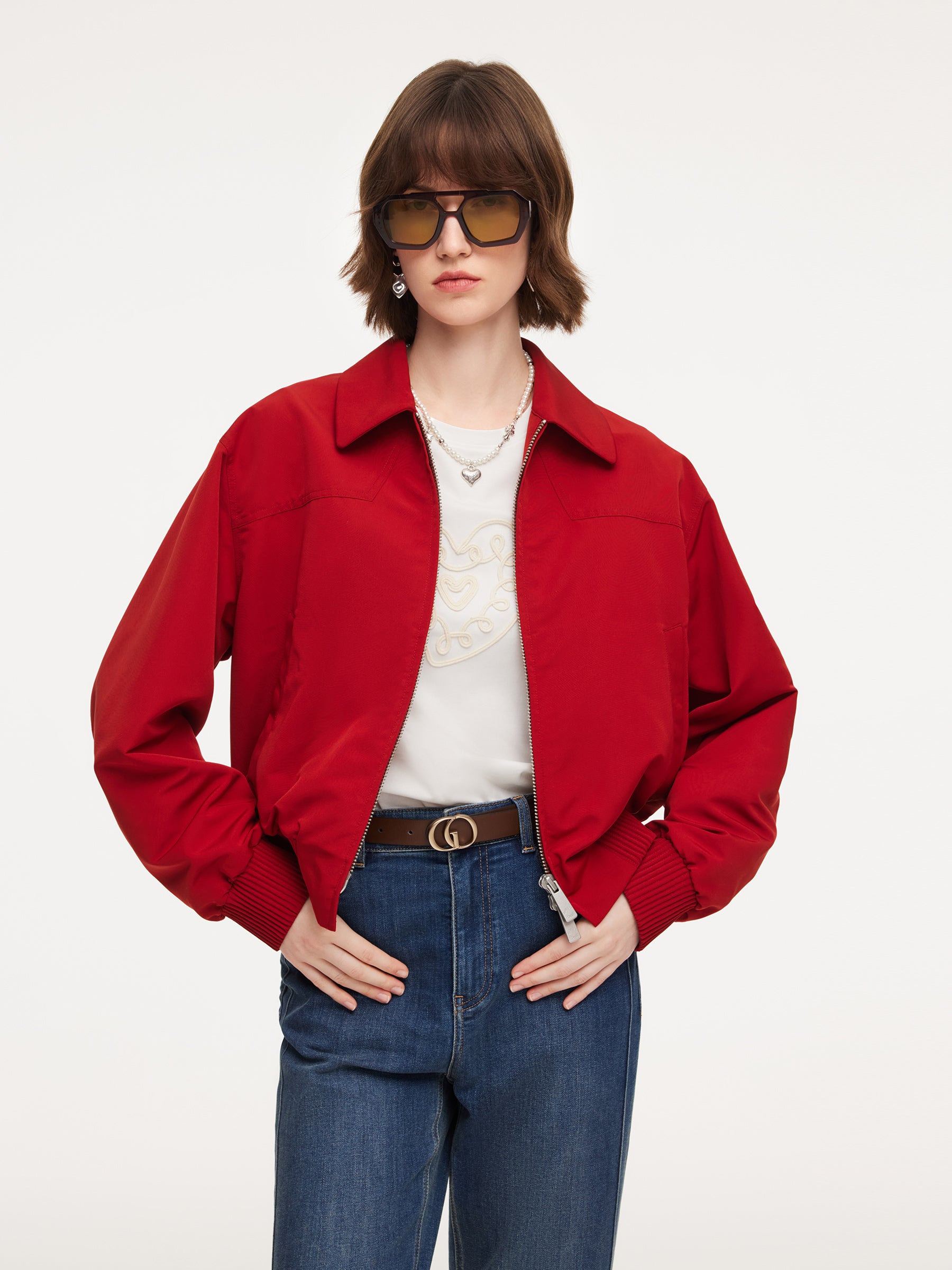 [Preview] Chili Red Zip-Up Women Cropped Jacket GOELIA