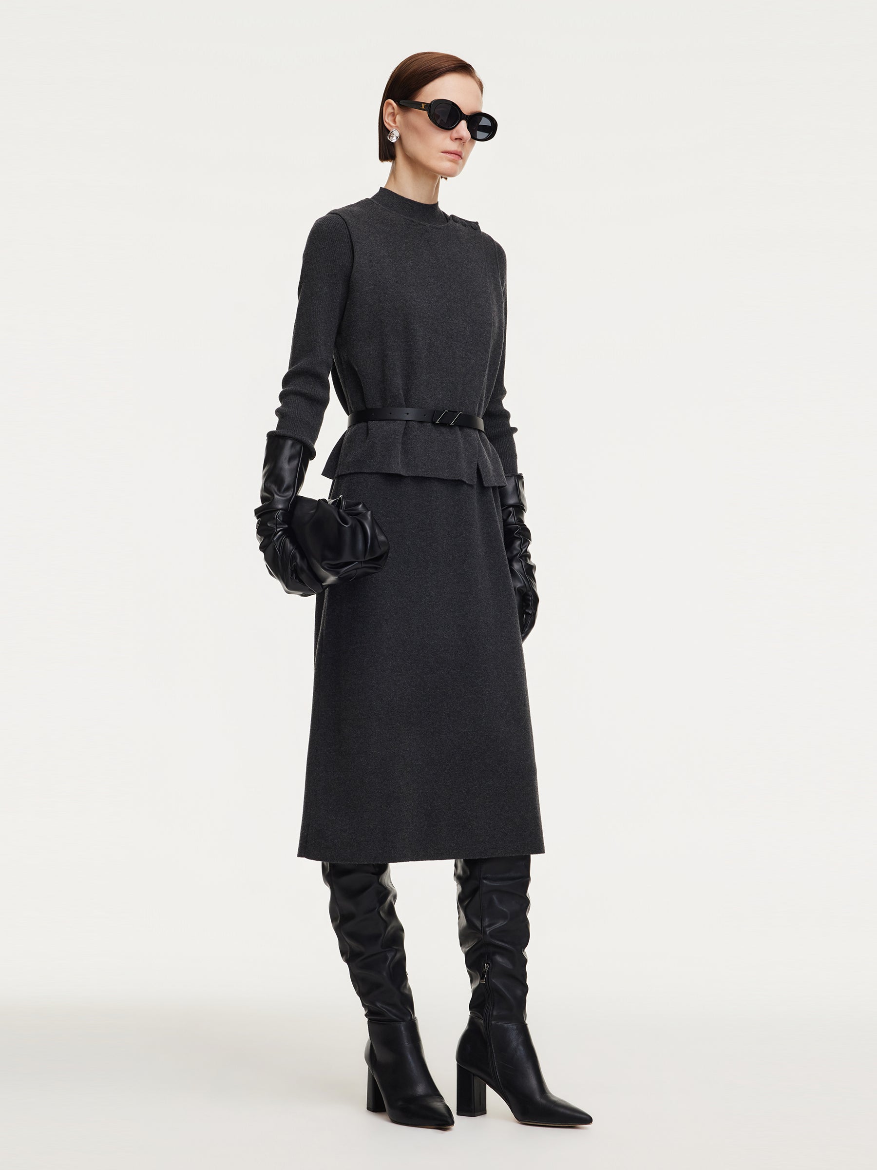 Asymmetrical Knit Vest And Dress Two-Piece Set With Belt GOELIA