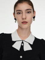 Pre-Order Tencel Wool Blend Color Block Collar Women Knit Mini Dress GOELIA