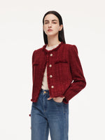 Wool Blend Tweed Sequins Fringe Trim Women Jacket GOELIA