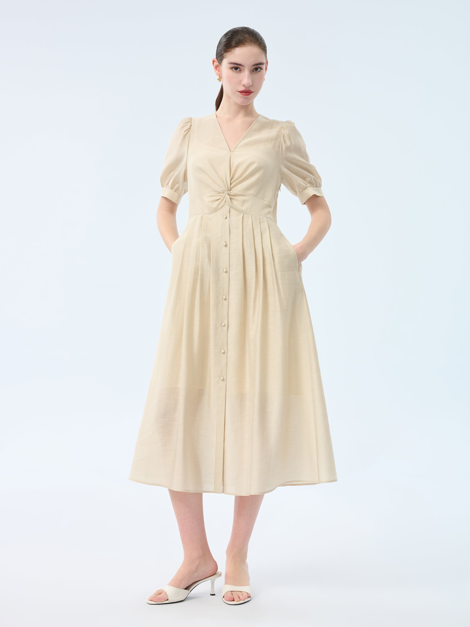 Tencel Acetate Linen Twist Front Women Maxi Dress GOELIA