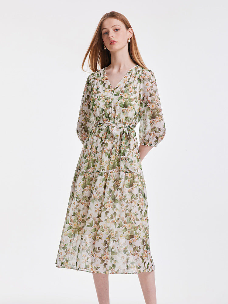 19 Momme Silk V-Neck Floral Dress GOELIA