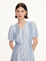 Lyocell Blend Bowknot Waist Women V-Neck Midi Dress GOELIA