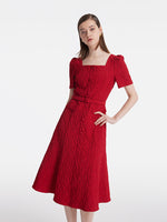 Jacquard Square Neck Single-Breasted Women Midi Dress With Belt GOELIA