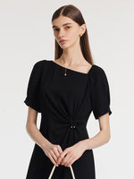 Acetate Asymmetric Neck Slit Twist Waist Women Midi Dress GOELIA