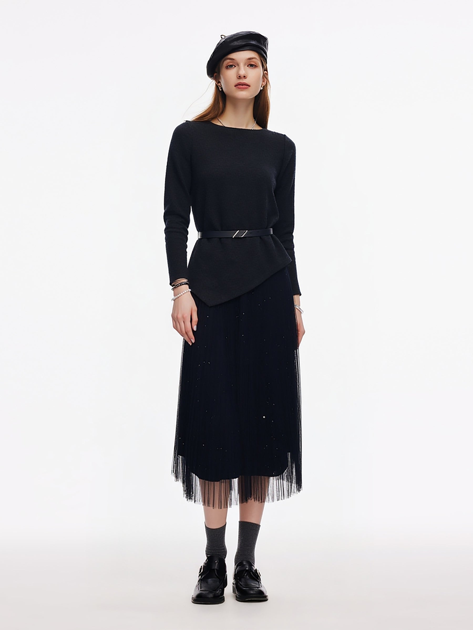 [Preview] Asymmetrical Hem Top And Mesh Skirt Two-Piece Set With Belt GOELIA