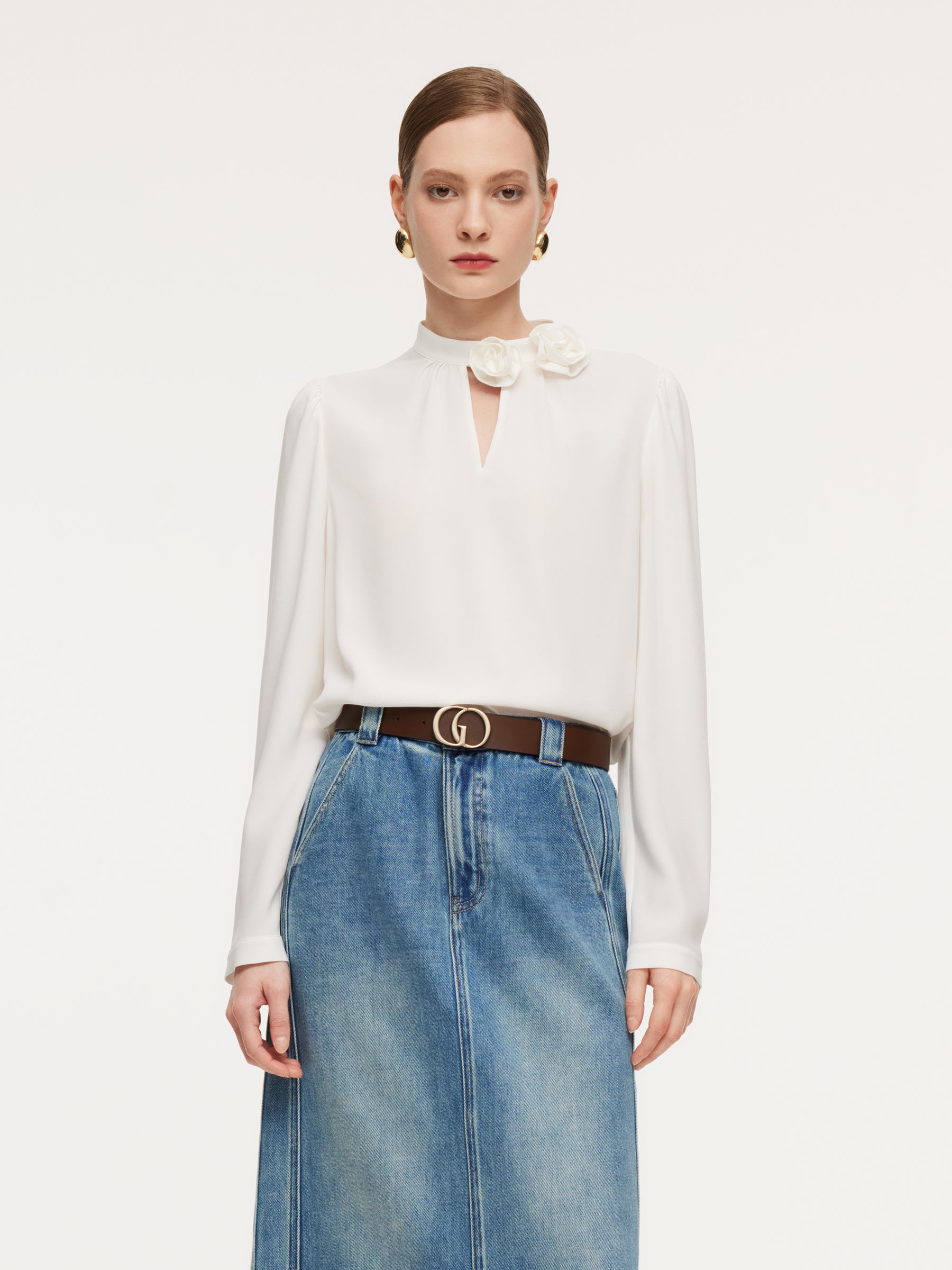 [Preview] Acetate Blend Floral Neck Women Blouse GOELIA