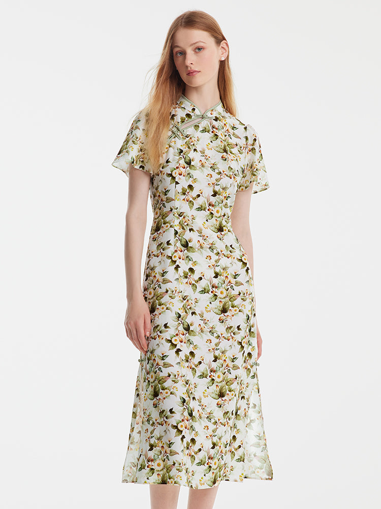 Tencel Linen Floral Cheongsam Dress GOELIA