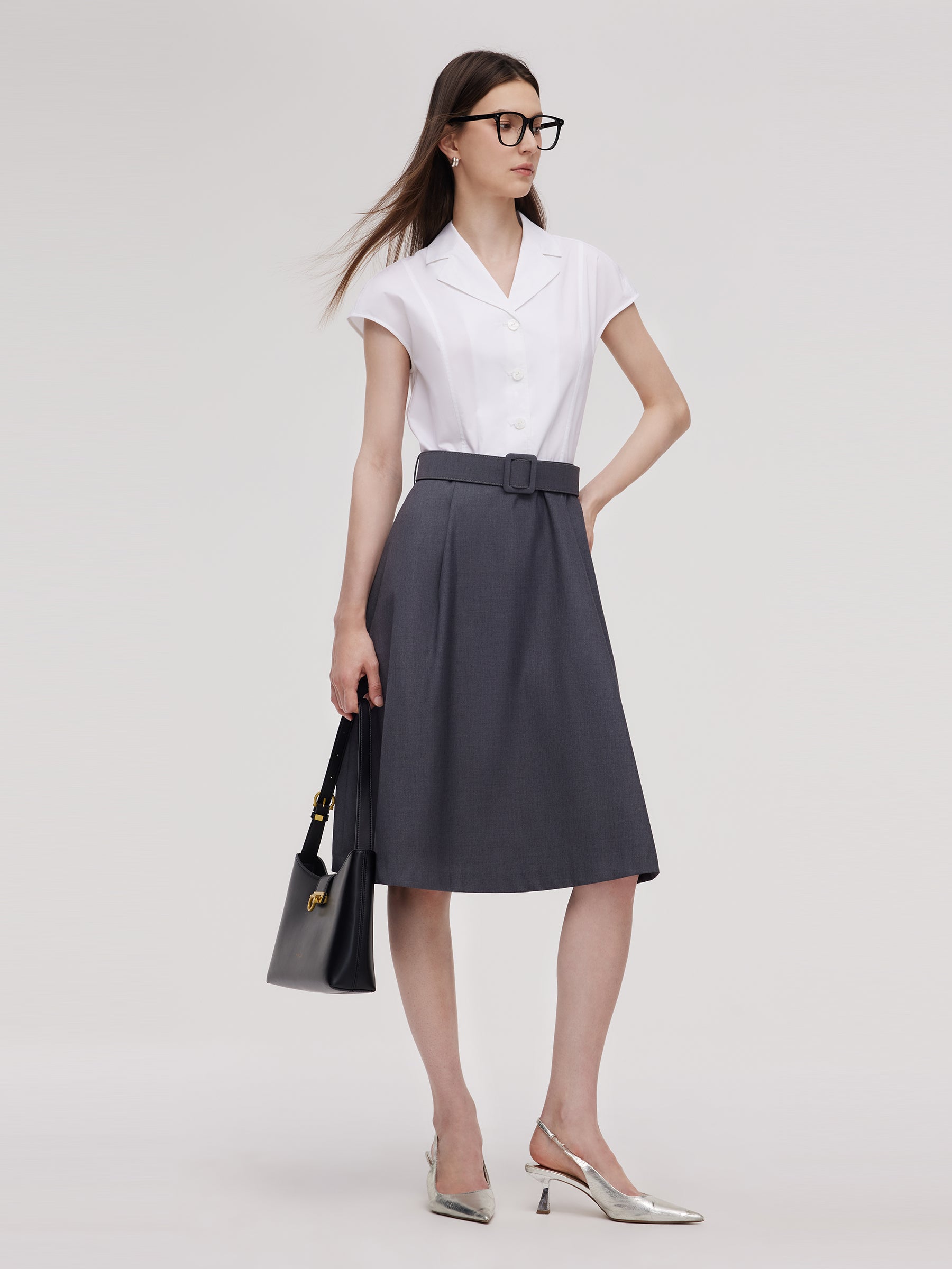 Faux Two-Piece Women Midi Shirt Dress With Belt GOELIA