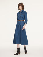 Denim Gathered Waist Women Maxi Dress With Belt GOELIA