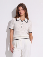 Lyocell Blend Contrast Trim Women Pointelle Polo Knit Top GOELIA