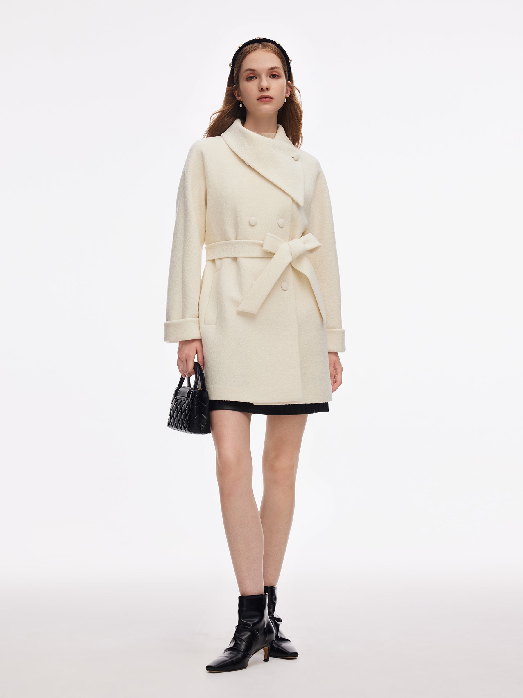 100% Wool Women Self-Tie Belt Women Coat GOELIA