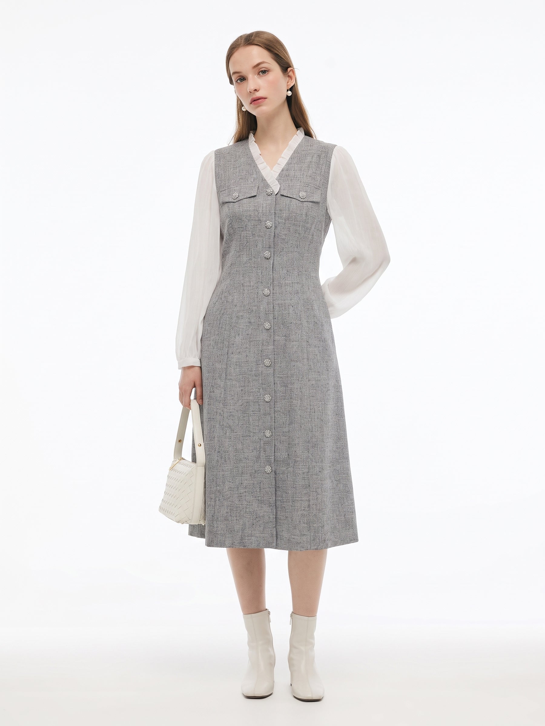 Tweed Ruffle V-Neck Women Long Sleeve Maxi Dress GOELIA