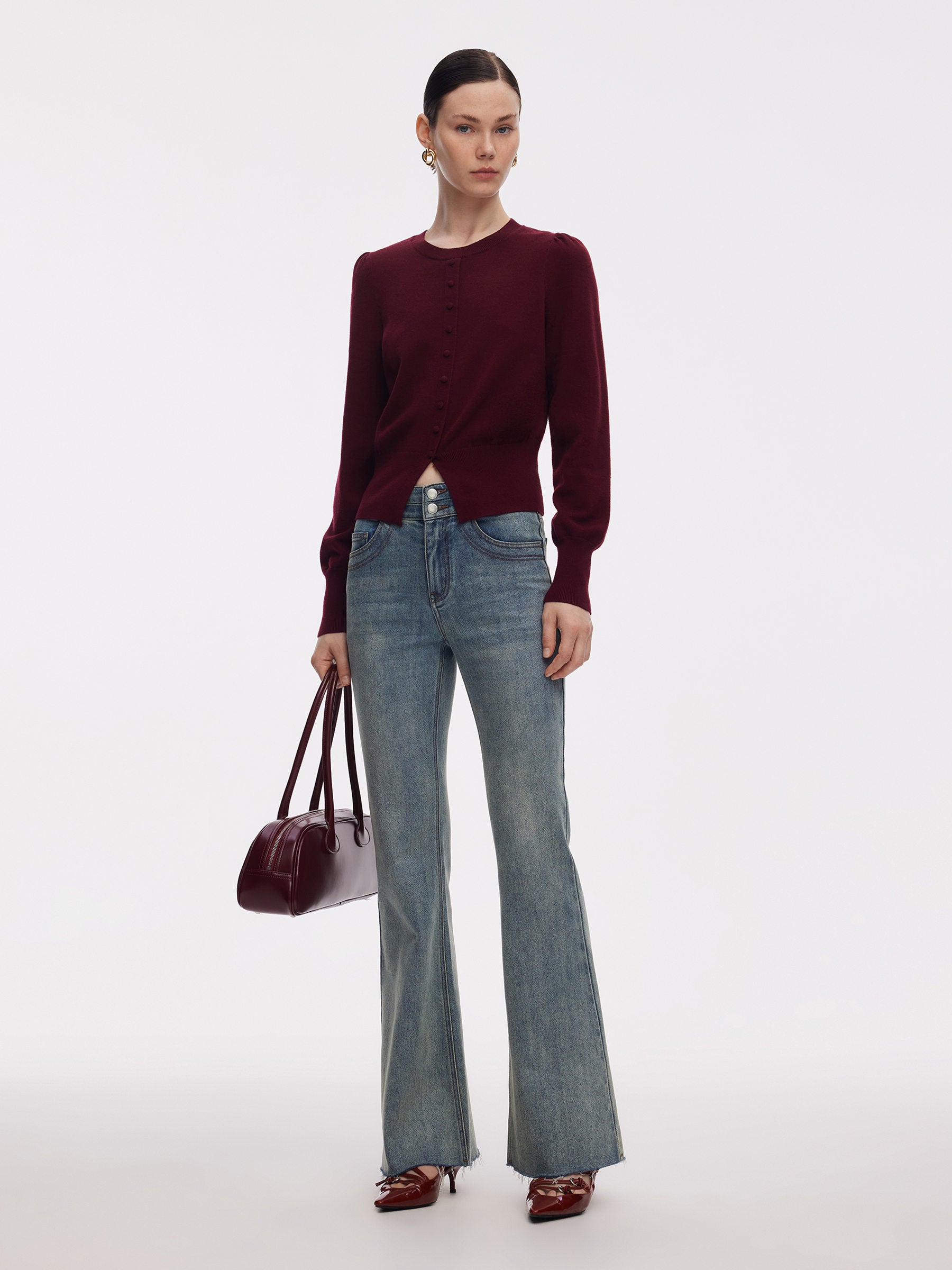 Tencel Blend Puff Long Sleeve Women Knit Top GOELIA