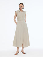 100% Linen Women Vest Maxi Shirt Dress With Belt GOELIA