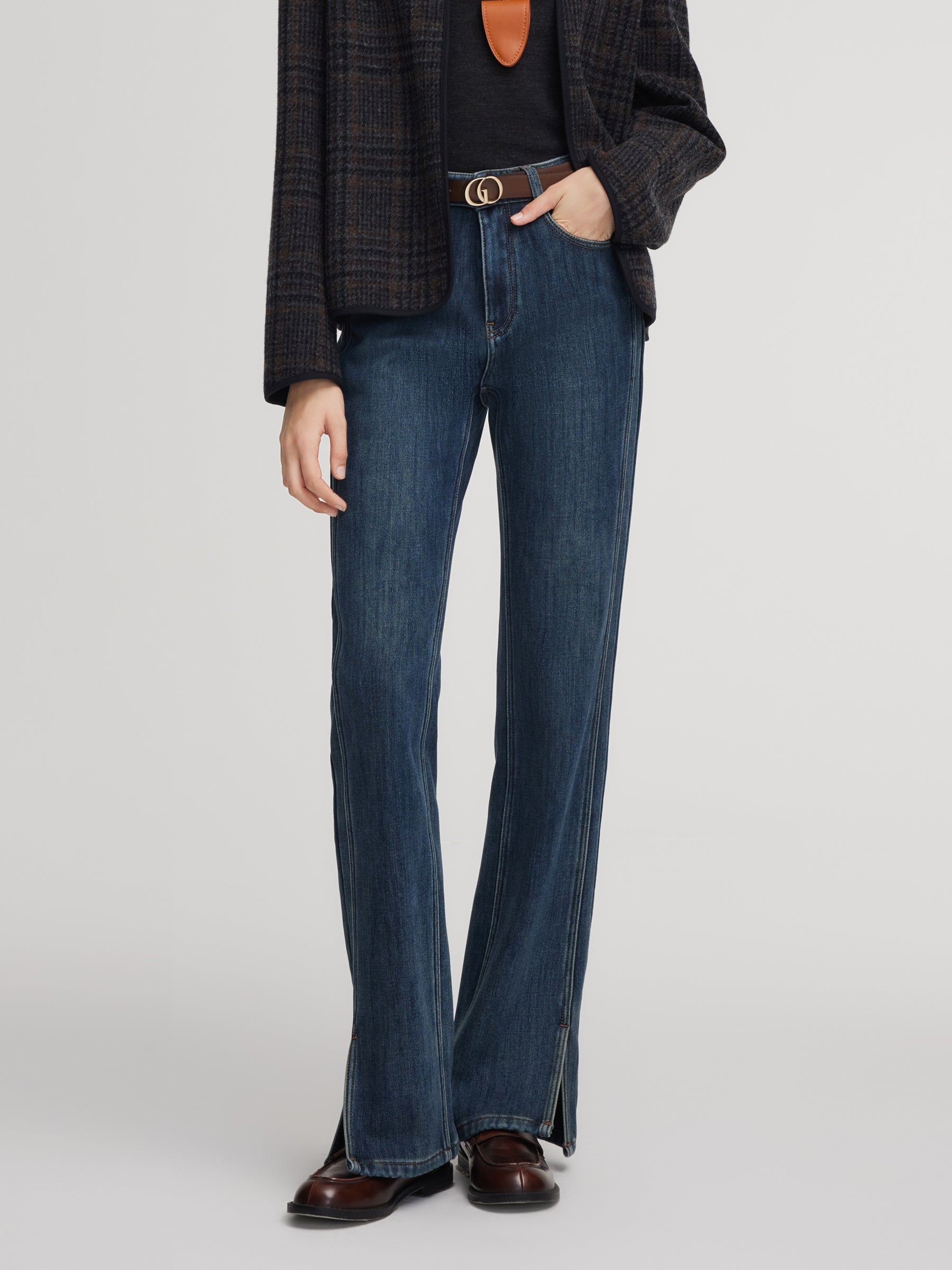 Denim Fleece Lined Women Slit Jeans GOELIA