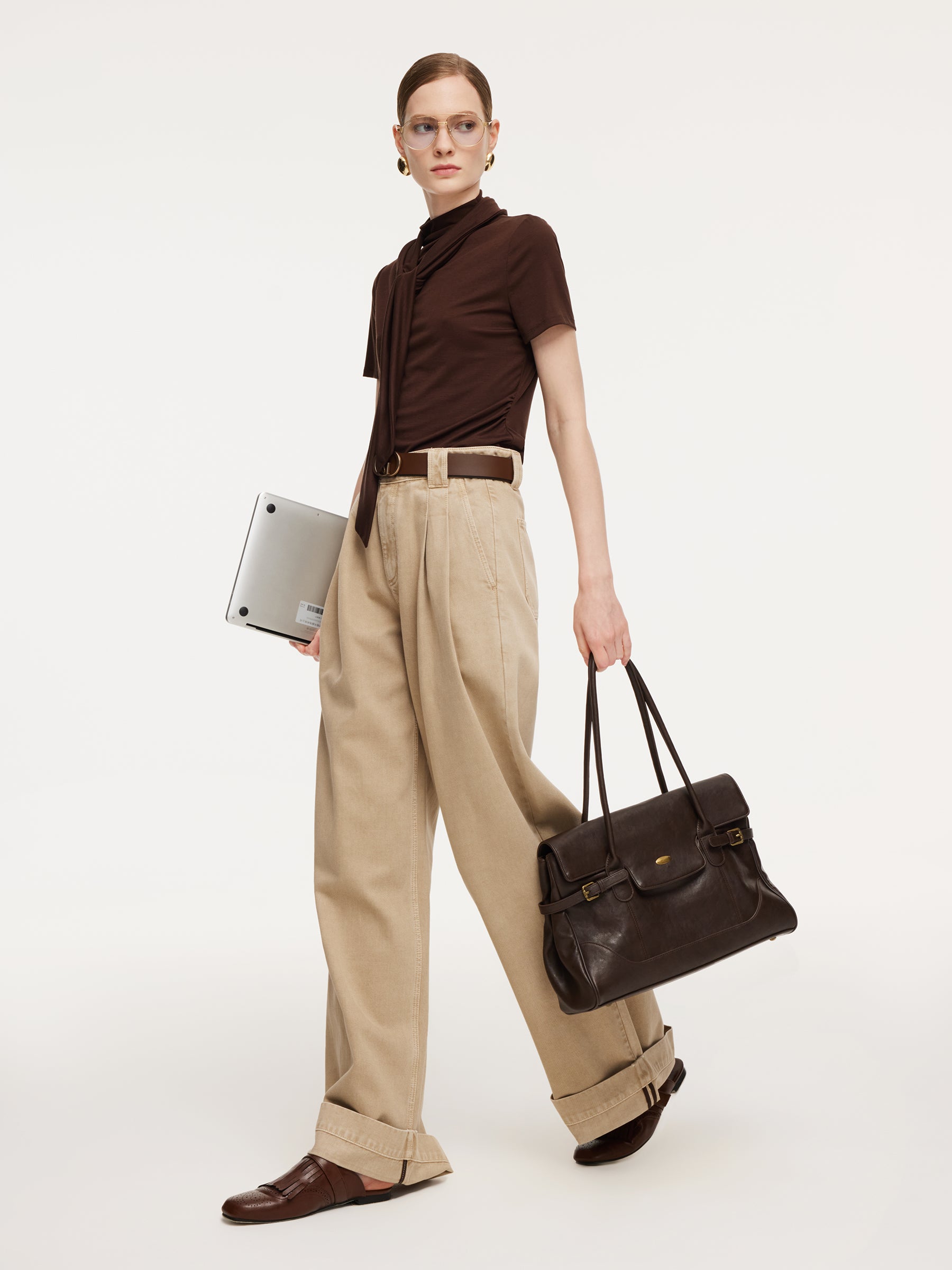 Cotton Denim Straight Wide Leg Women Folded Jeans With Belt GOELIA