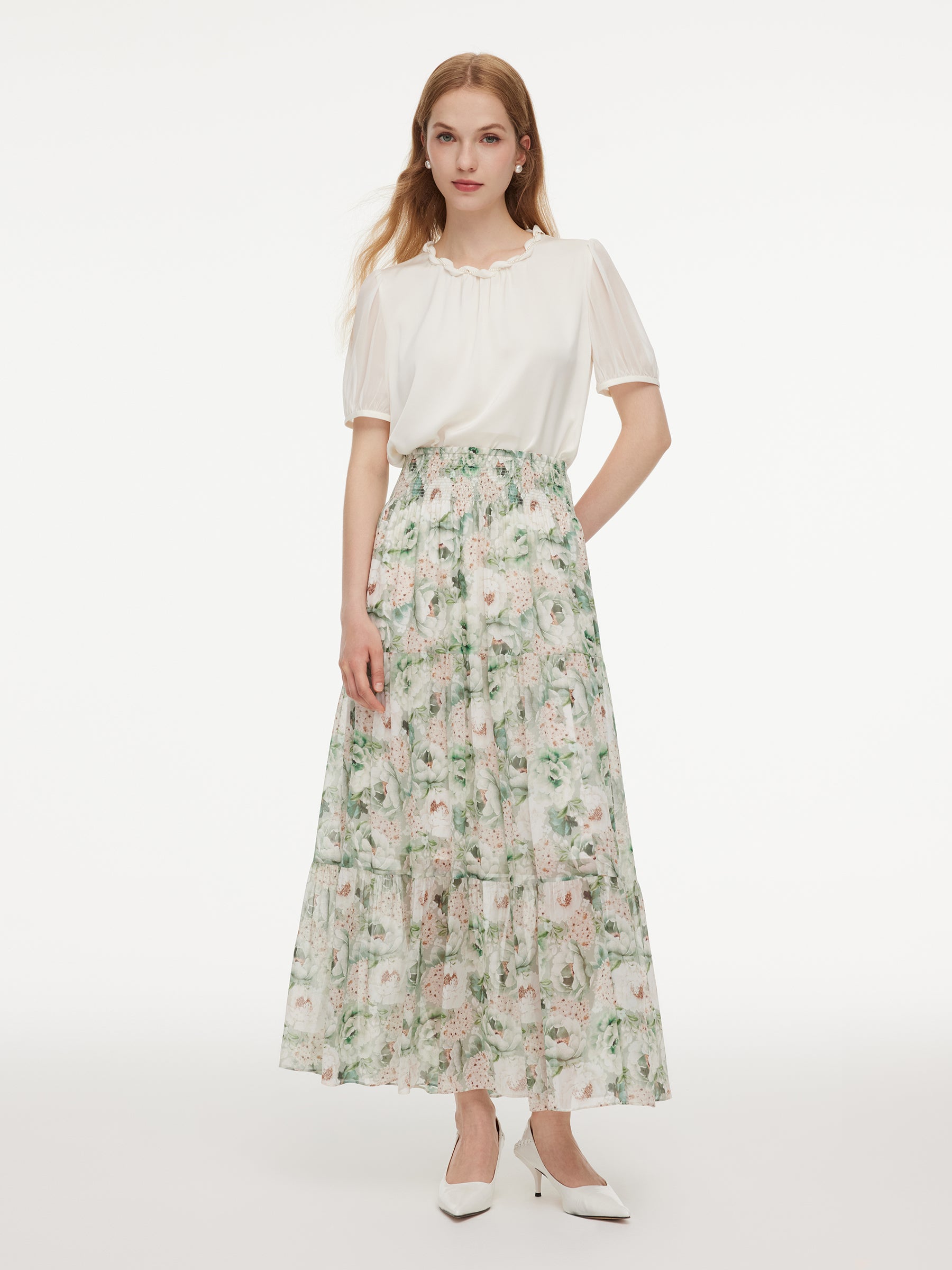 10MM Mulberry Silk Floral Print Women A-Line Skirt GOELIA