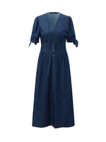 Gathered Waist Denim Women Midi Dress GOELIA