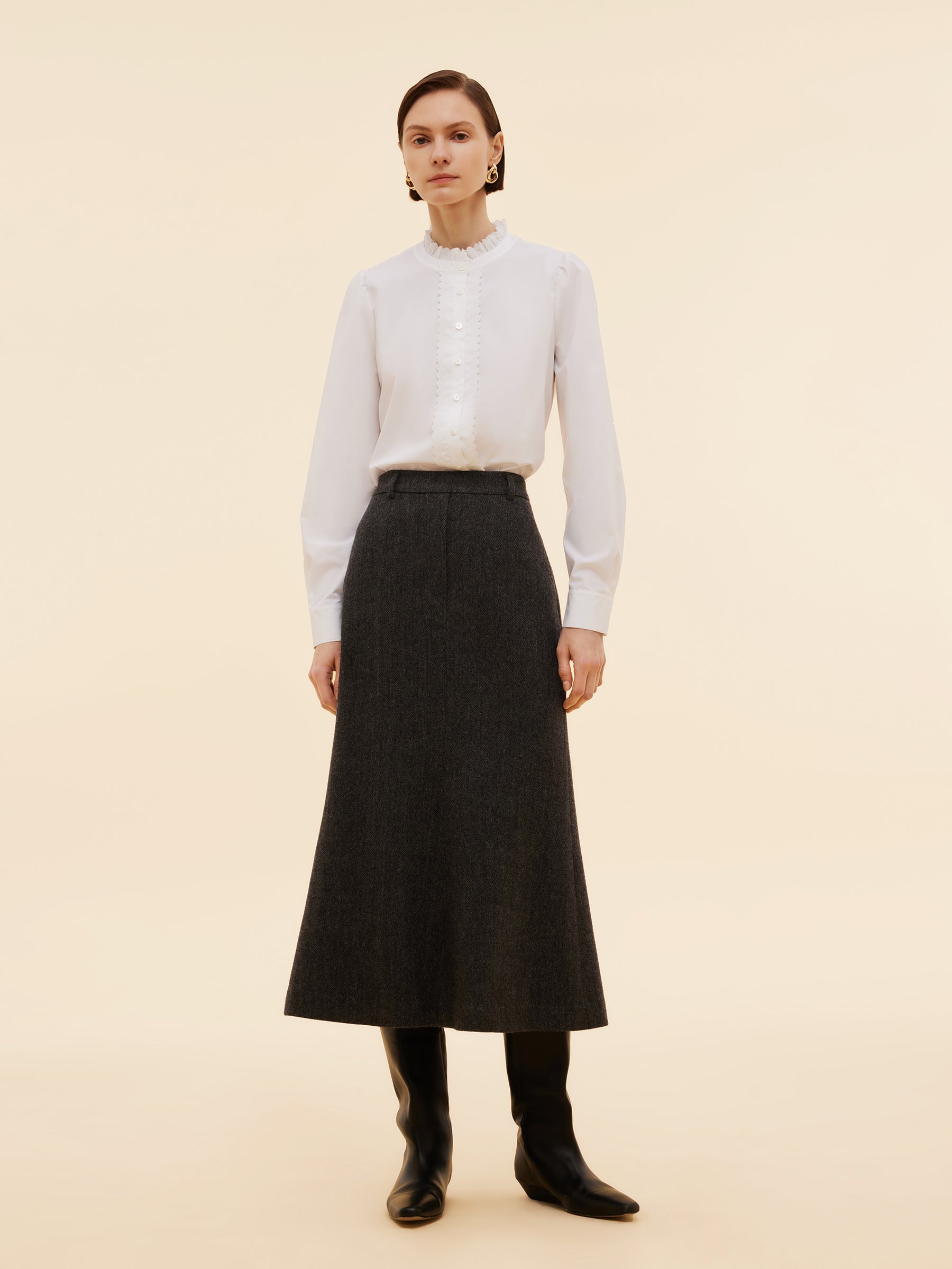 Ruffle Collar Embroidered Placket Women Shirt GOELIA