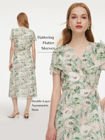 10MM Mulberry Silk Floral Print Ruffled Sleeve Women Wrap Maxi Dress GOELIA