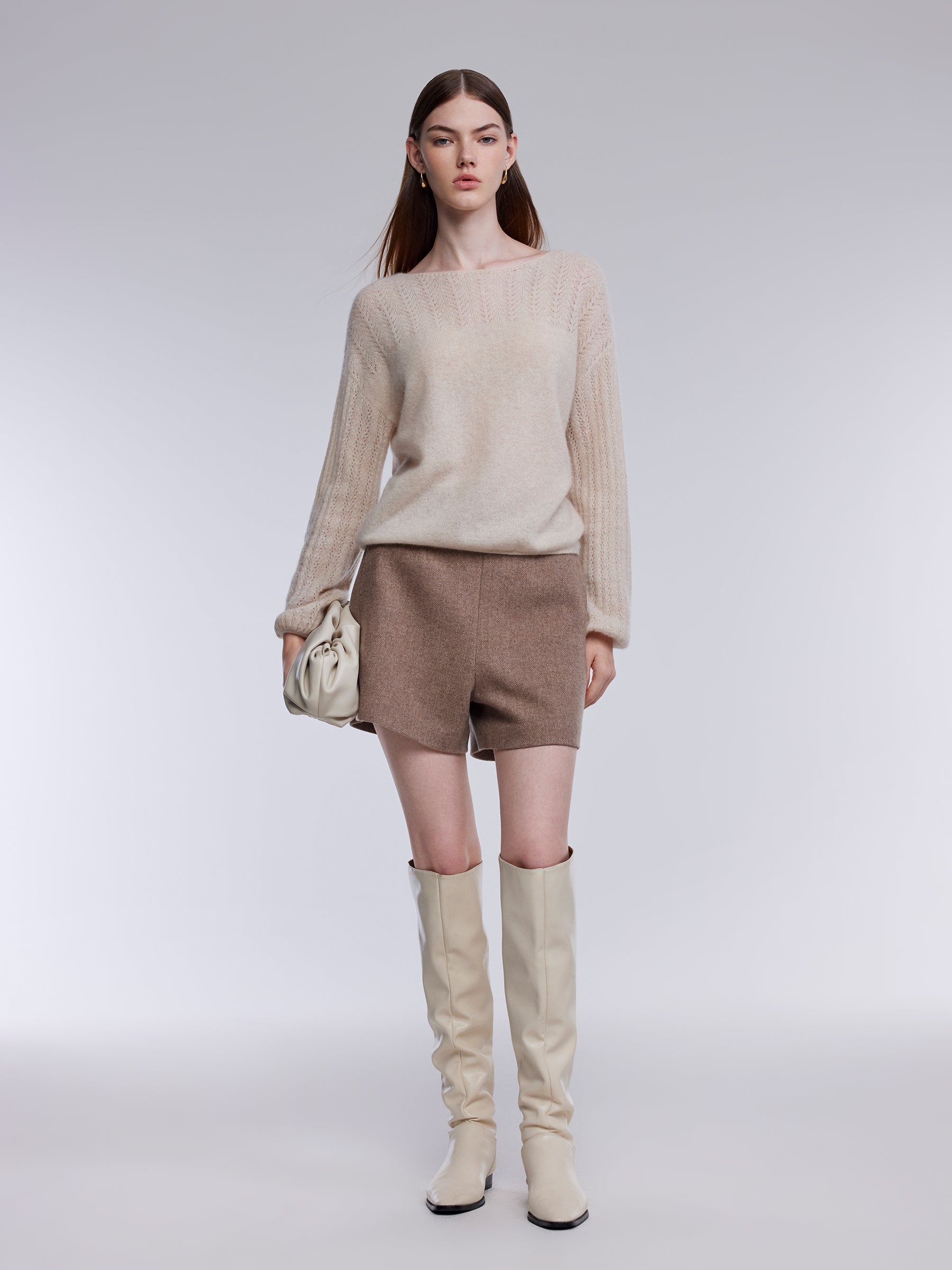 [Preview] 100% Cashmere Pointelle Lantern Sleeve Women Sweater GOELIA