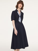 Linen Blend V-Neck Women Midi Dress With Silk Scarf And Belt GOELIA