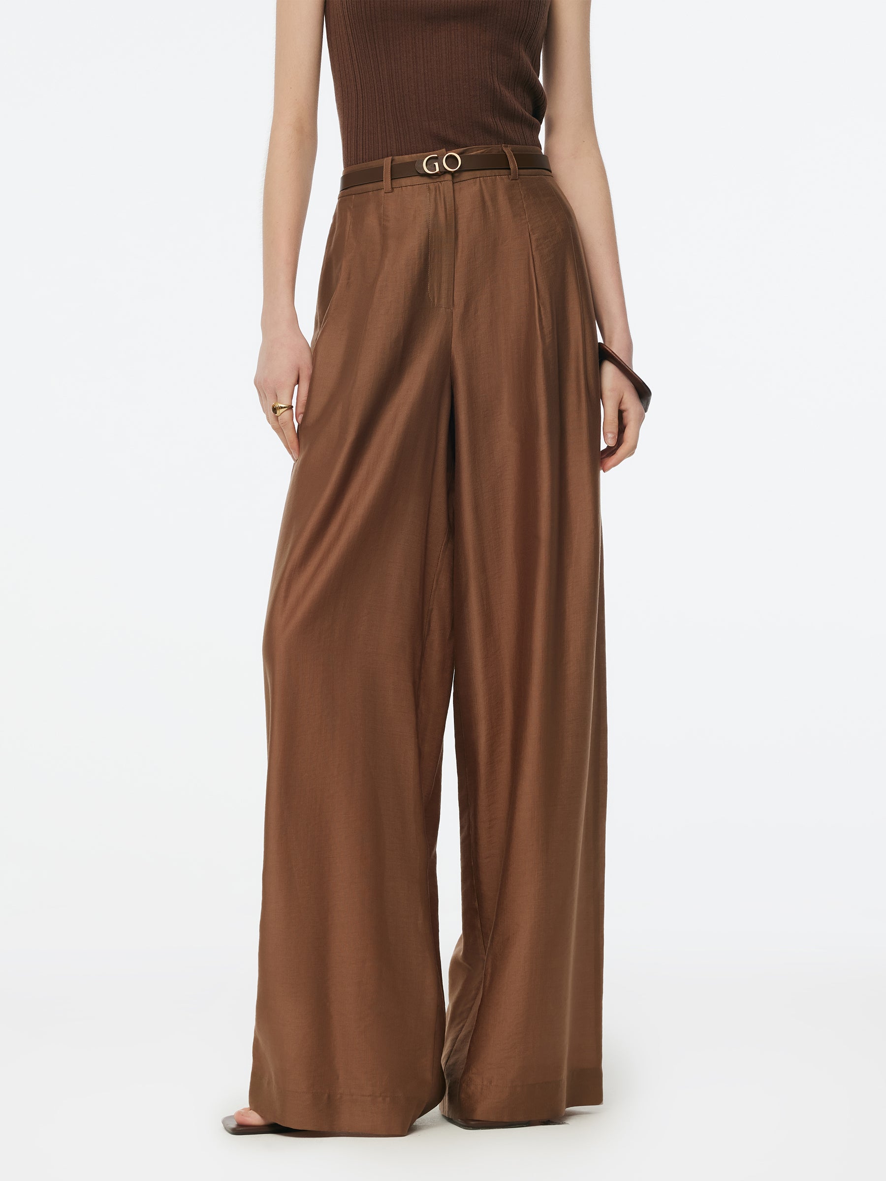 Tencel Blend Women Wide Leg Pants With GO Letter Leather Belt GOELIA