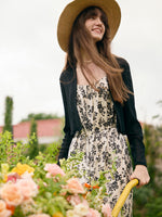 Camellia Printed Spaghetti Strap Dress And Knitted Cardigan Two-Piece Set GOELIA