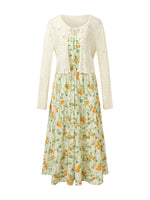 Cotton Floral Print Strap Maxi Dress And Openwork Cardigan Two-Piece Set GOELIA