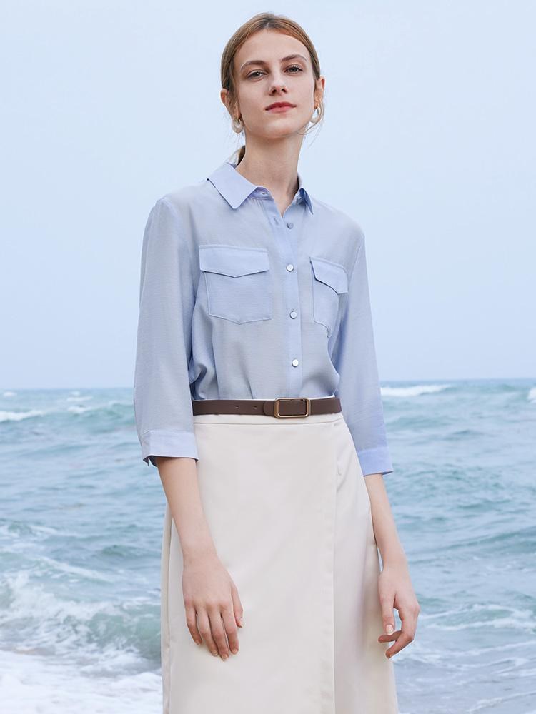 Acetate Shirt And Half Women Skirt Two-Piece Set With Leather Belt GOELIA