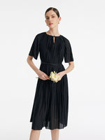 Pleated Round Neck Women Midi Dress With Leather Belt GOELIA